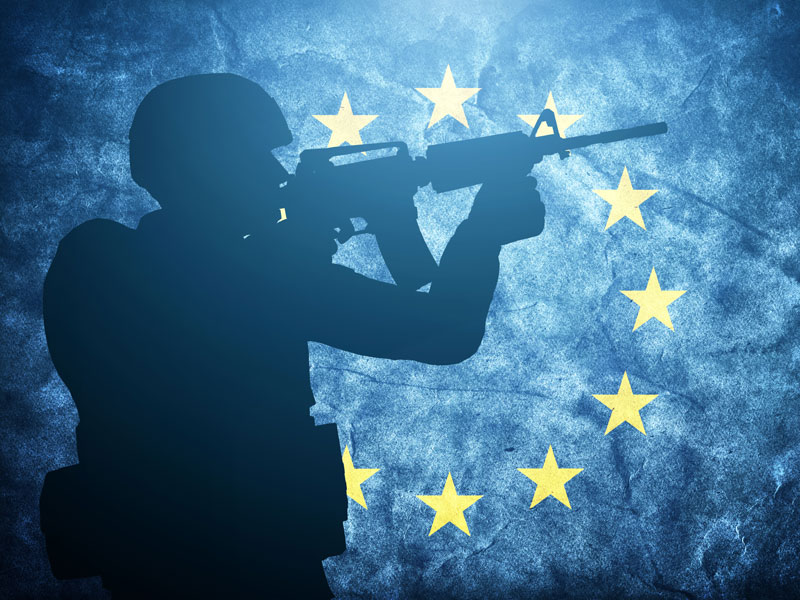 Soldier on grunge European Union flag. Army, military of Europe